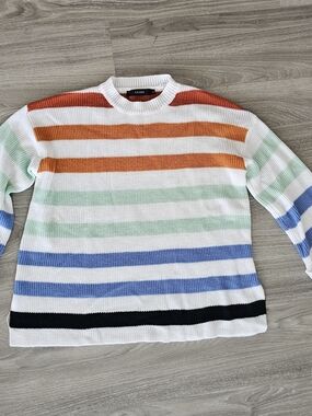 LeaNi Striped Knit Sweater in White with Multicolor Stripes